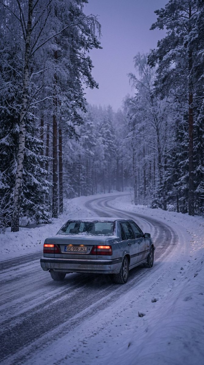 Lonely 90s Sedan in Nordic Winter Twilight