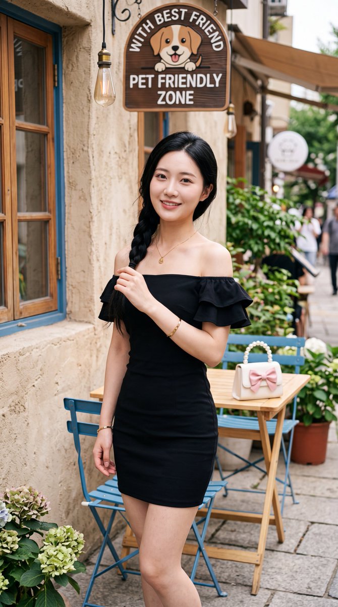 Elegant East Asian Woman at a Cozy Pet-Friendly Café