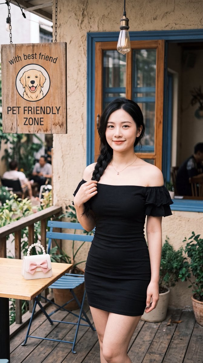 Elegant East Asian Woman at a Cozy Pet-Friendly Café - alternate