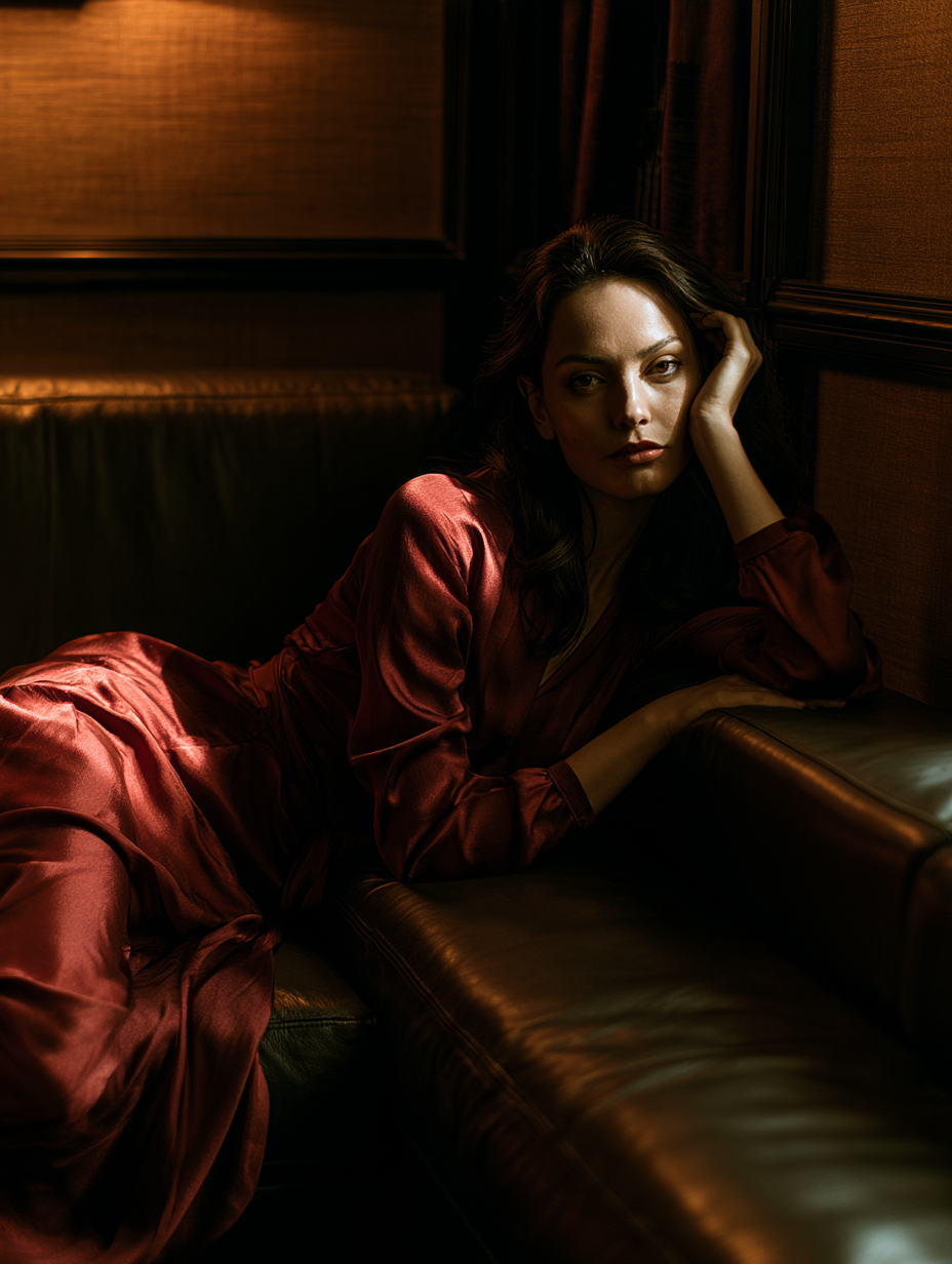 Elegant Model in Burgundy Dress on Leather Sofa - alternate