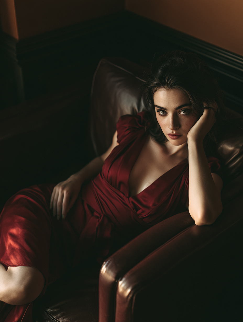 Elegant Model in Burgundy Dress on Leather Sofa - alternate
