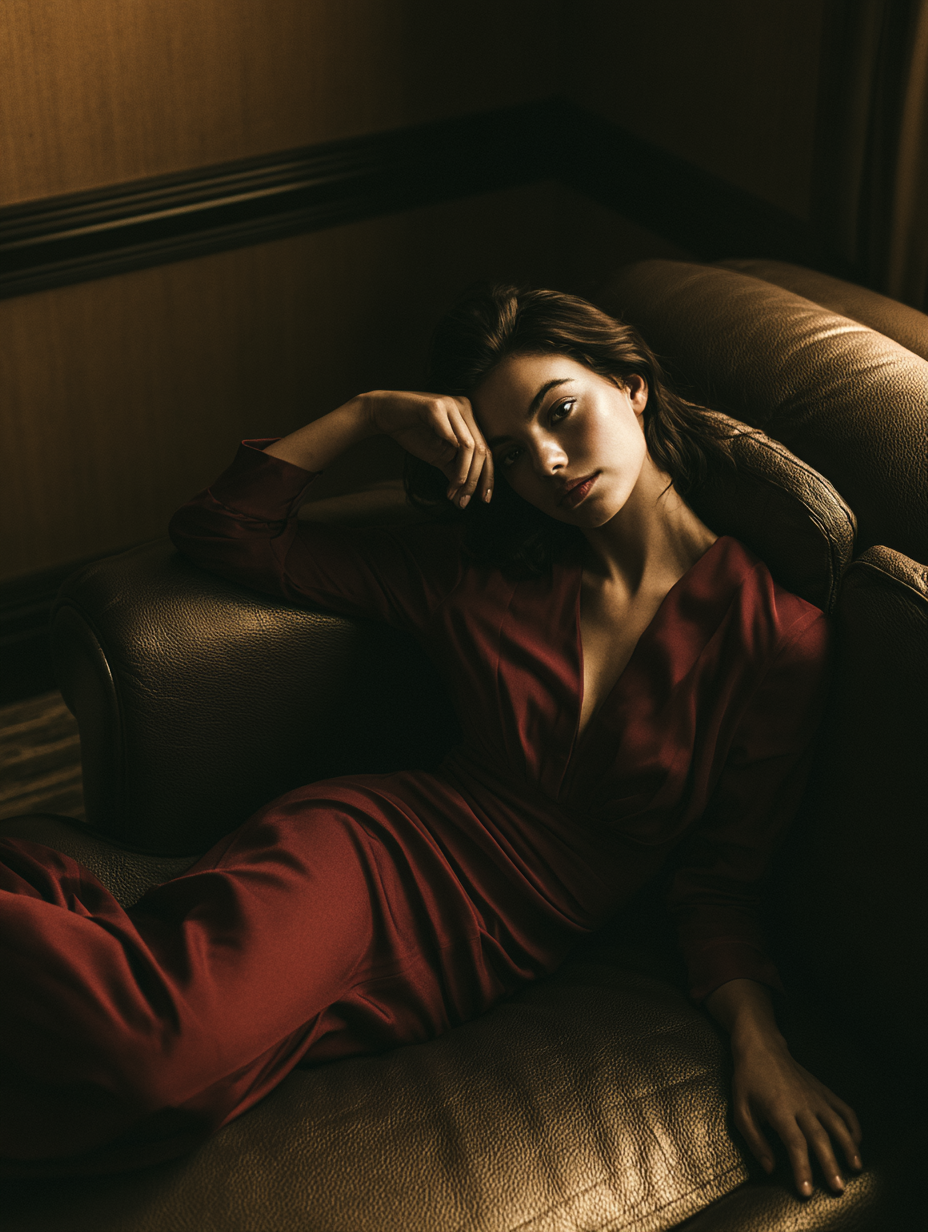 Elegant Model in Burgundy Dress on Leather Sofa - alternate
