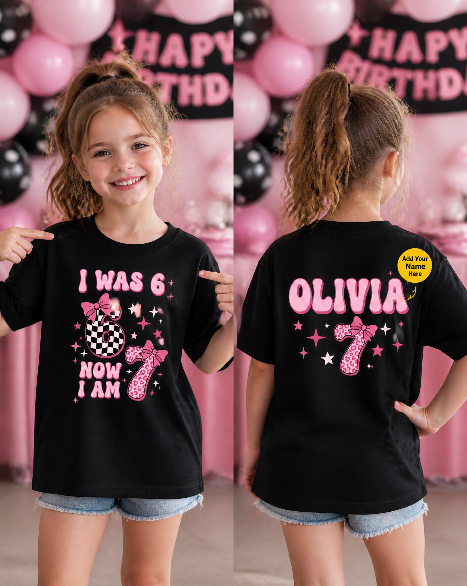 Kids' Relaxed Black T-Shirt Mockup for 7-Year-Old Girl