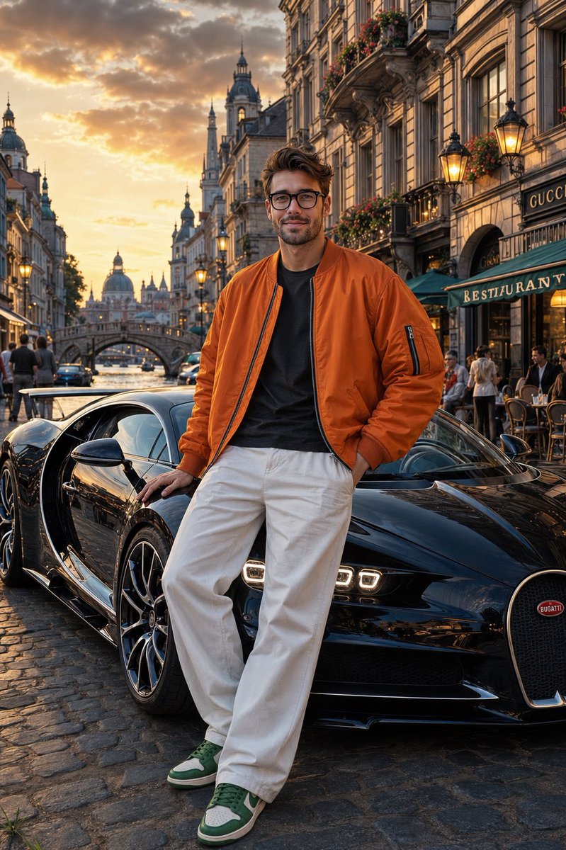 Luxury Streetwear Style with Bugatti in European City