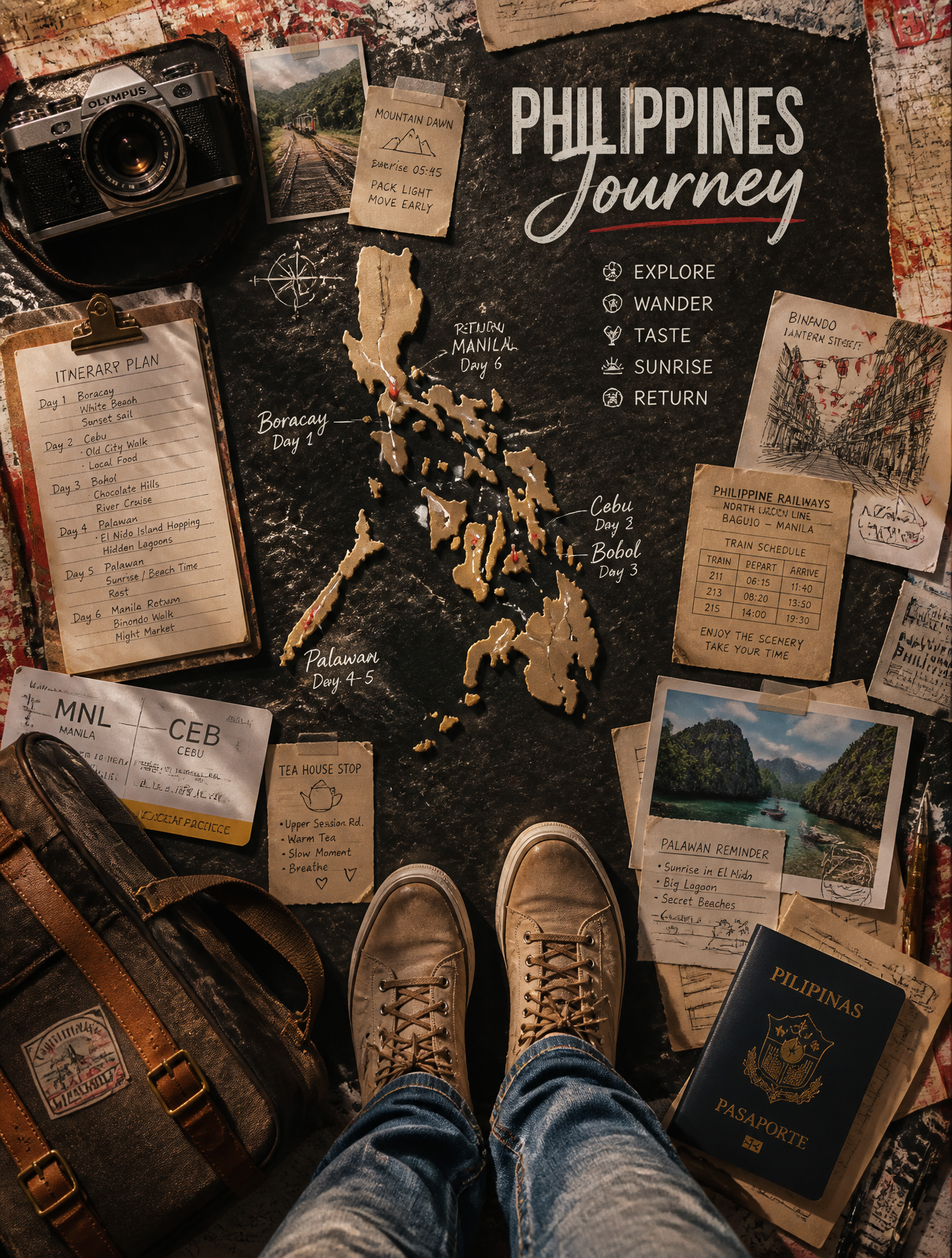 Philippines Expedition: First-Person Travel Planning Flatlay