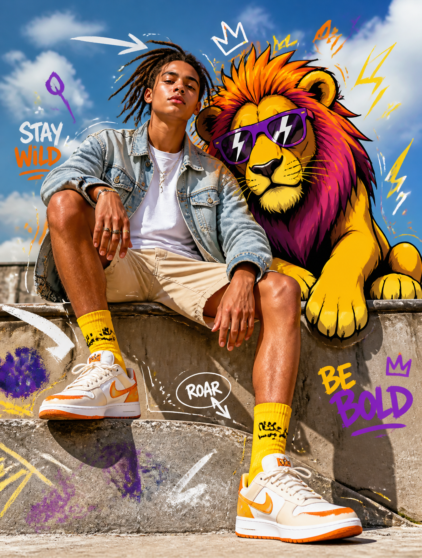 Urban Fashion Fusion with Neon Cartoon Lion