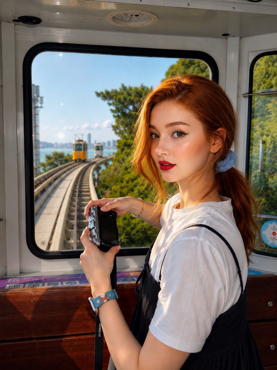 East Asian Traveler in Panoramic Tram - alternate