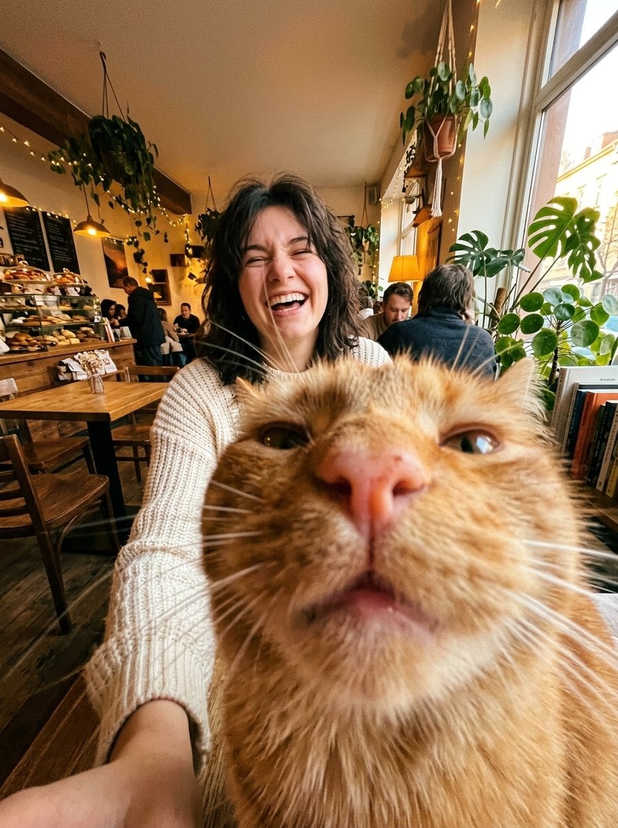 Cat Photo-bombing Café Selfie - alternate