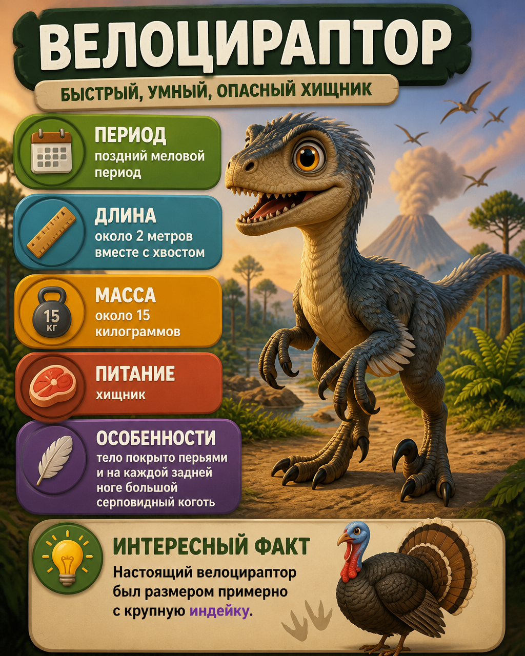 Pixar-Style Velociraptor Educational Infographic