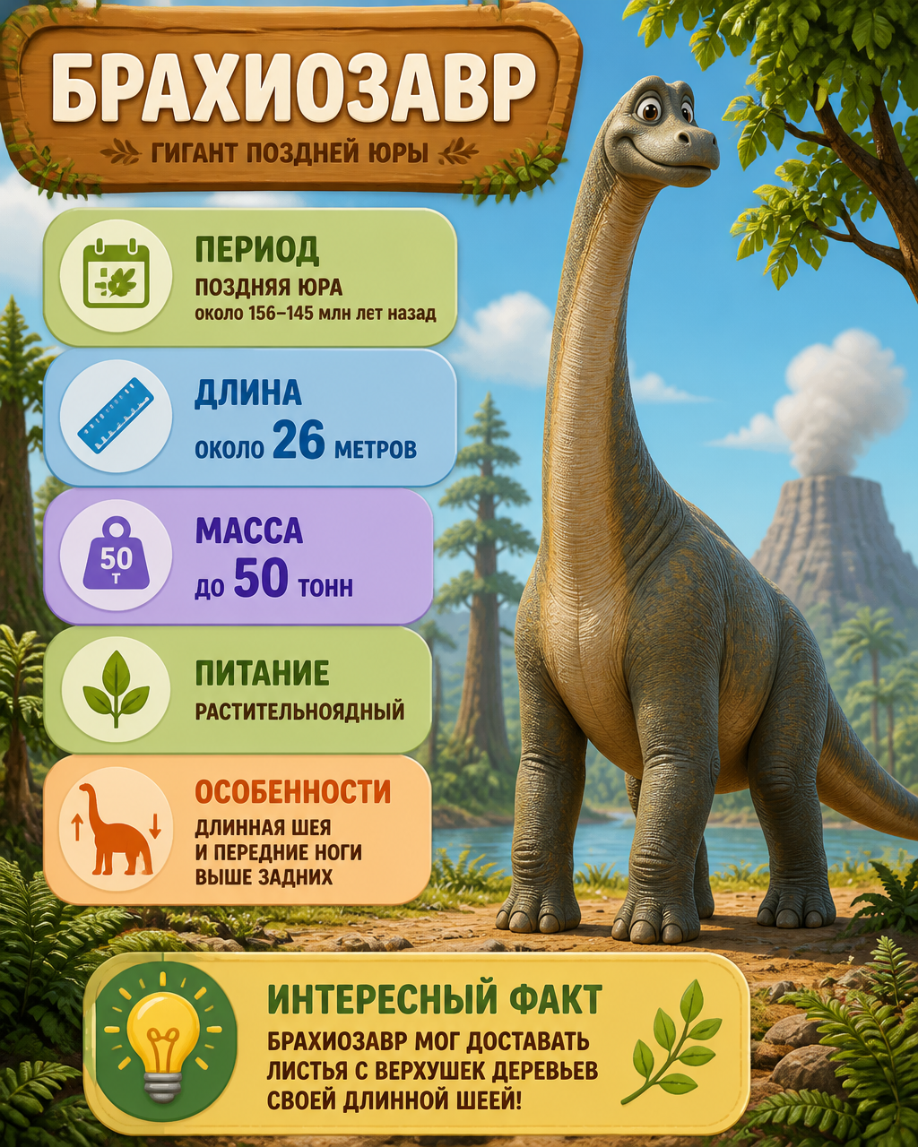 Cute 3D Brachiosaurus Educational Infographic