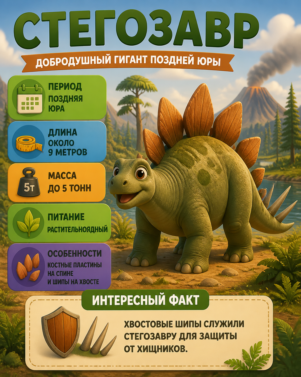 Pixar Style Stegosaurus Educational Infographic