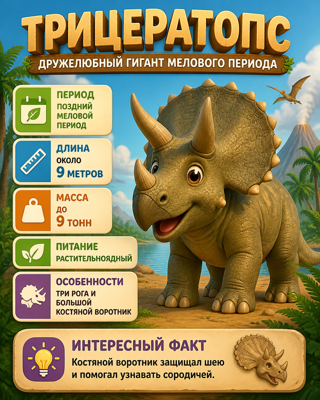3D Pixar-Style Triceratops Educational Infographic