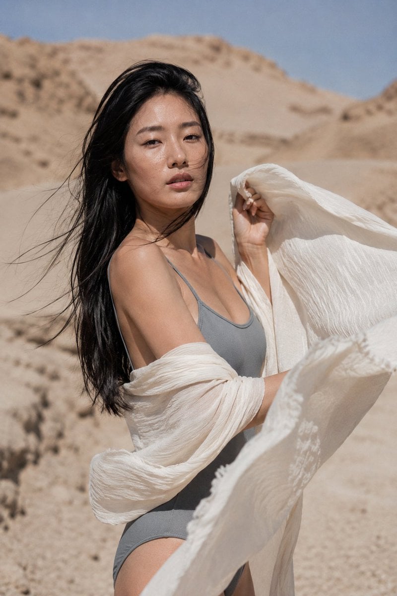 Korean Woman in Grey Swimsuit Amidst Desert Wind - alternate