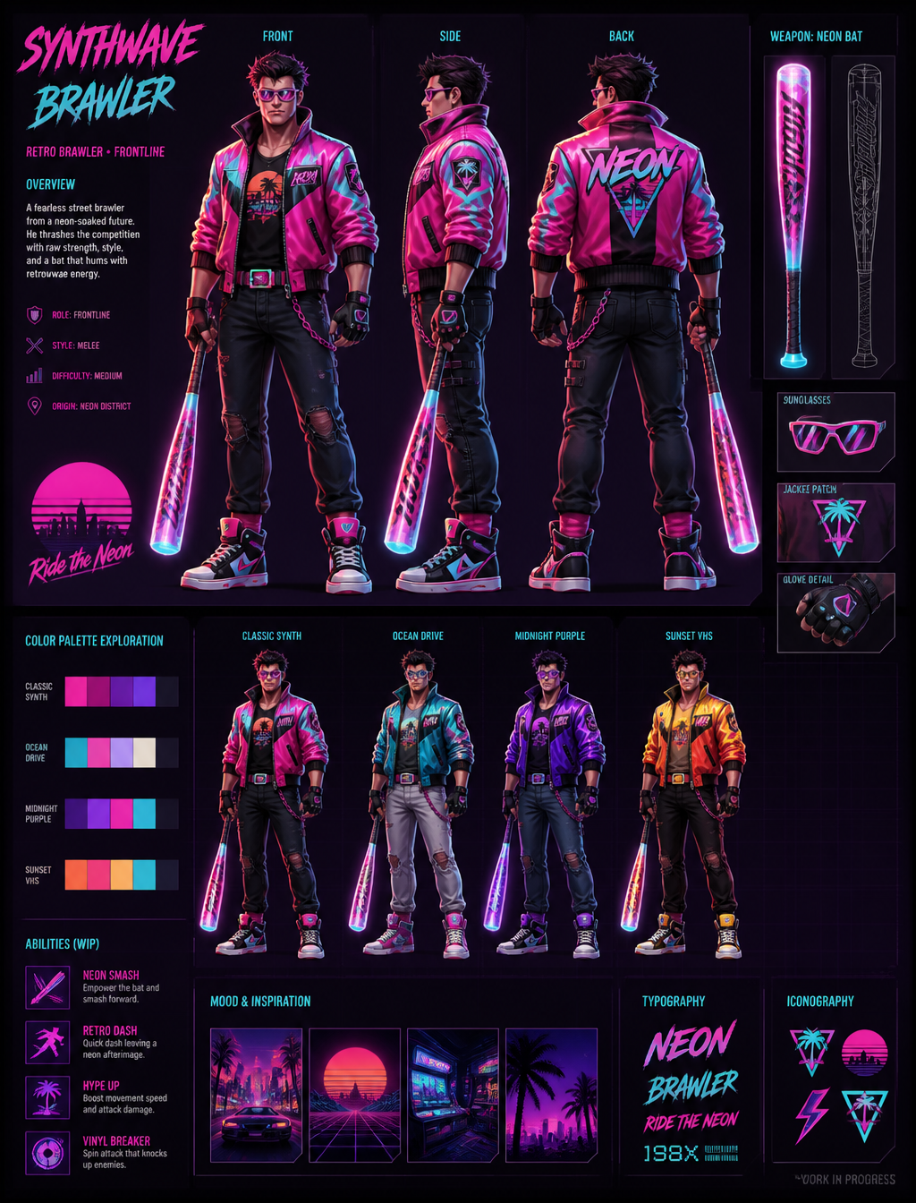 Neon Retro-Futuristic Fighter Concept Sheet