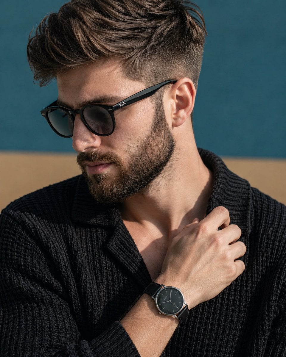 Sophisticated Male Editorial in Teal and Tan