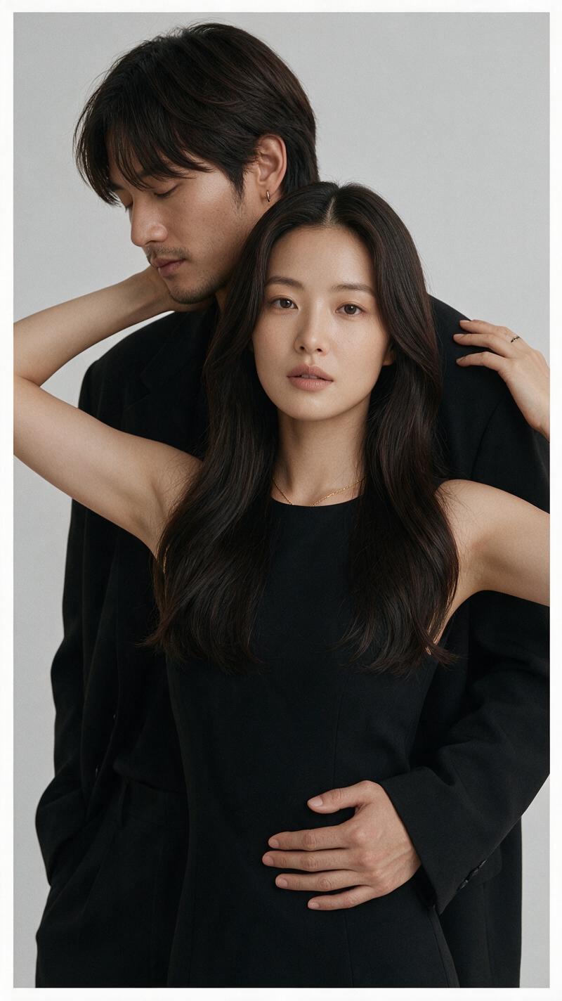 Minimalist Editorial Portrait of East Asian Couple in Black