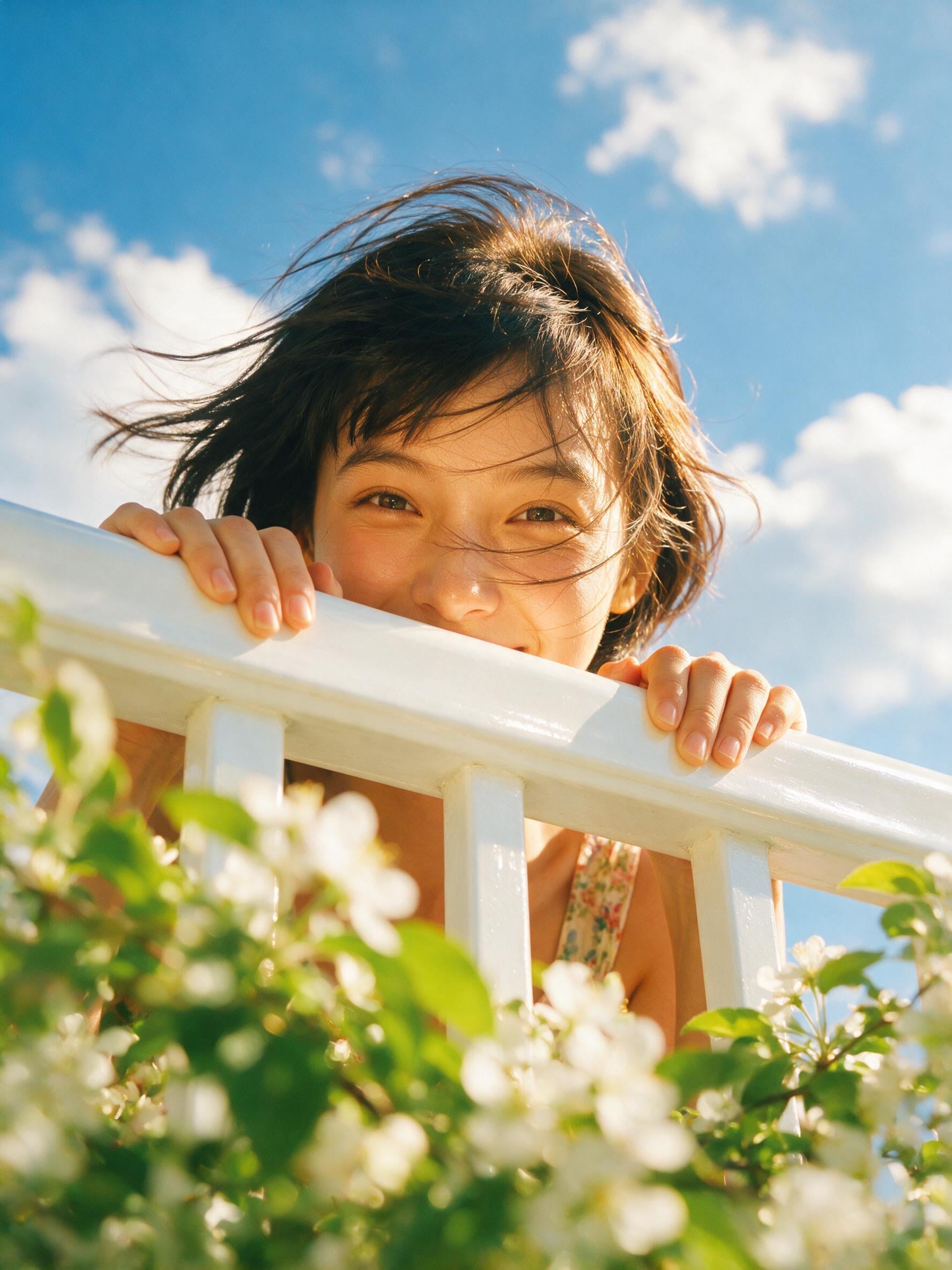 Playful Glance Over Balcony