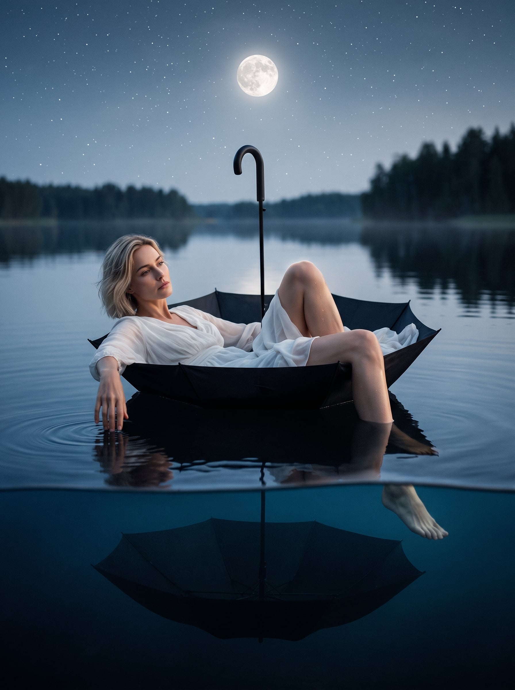 Moonlit Repose in a Floating Umbrella