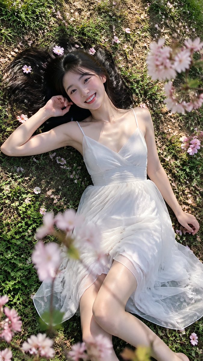 Young East Asian Woman Relaxing in Cherry Blossoms