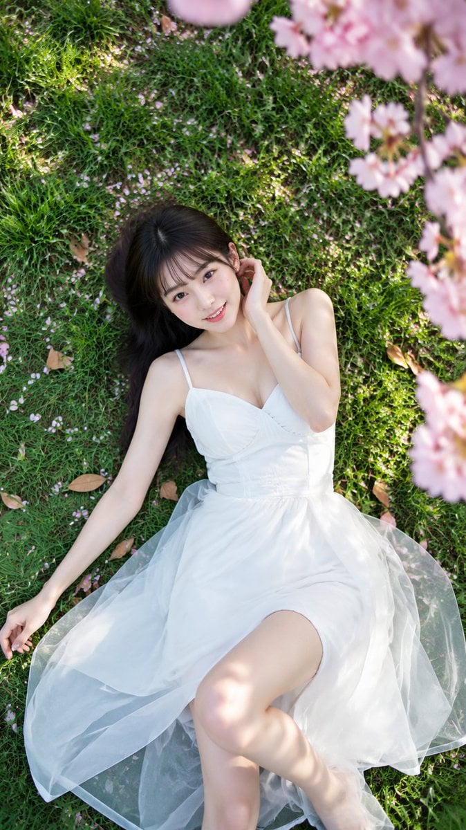 Young East Asian Woman Relaxing in Cherry Blossoms - alternate
