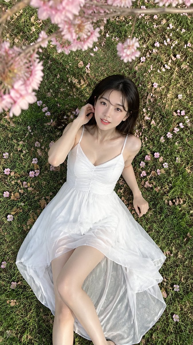 Young East Asian Woman Relaxing in Cherry Blossoms - alternate