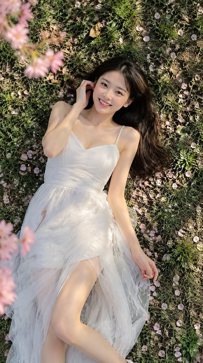 Young East Asian Woman Relaxing in Cherry Blossoms - alternate