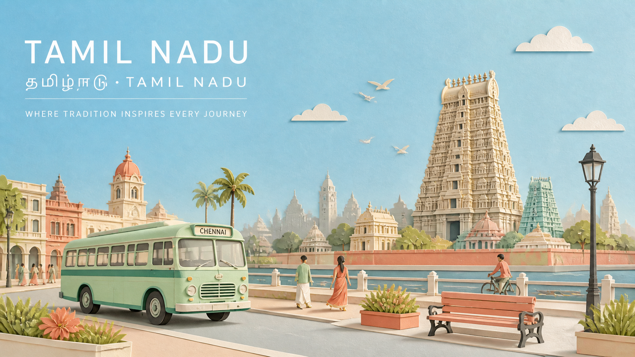 Tamil Nadu Pastel Paper-Collage Travel Poster