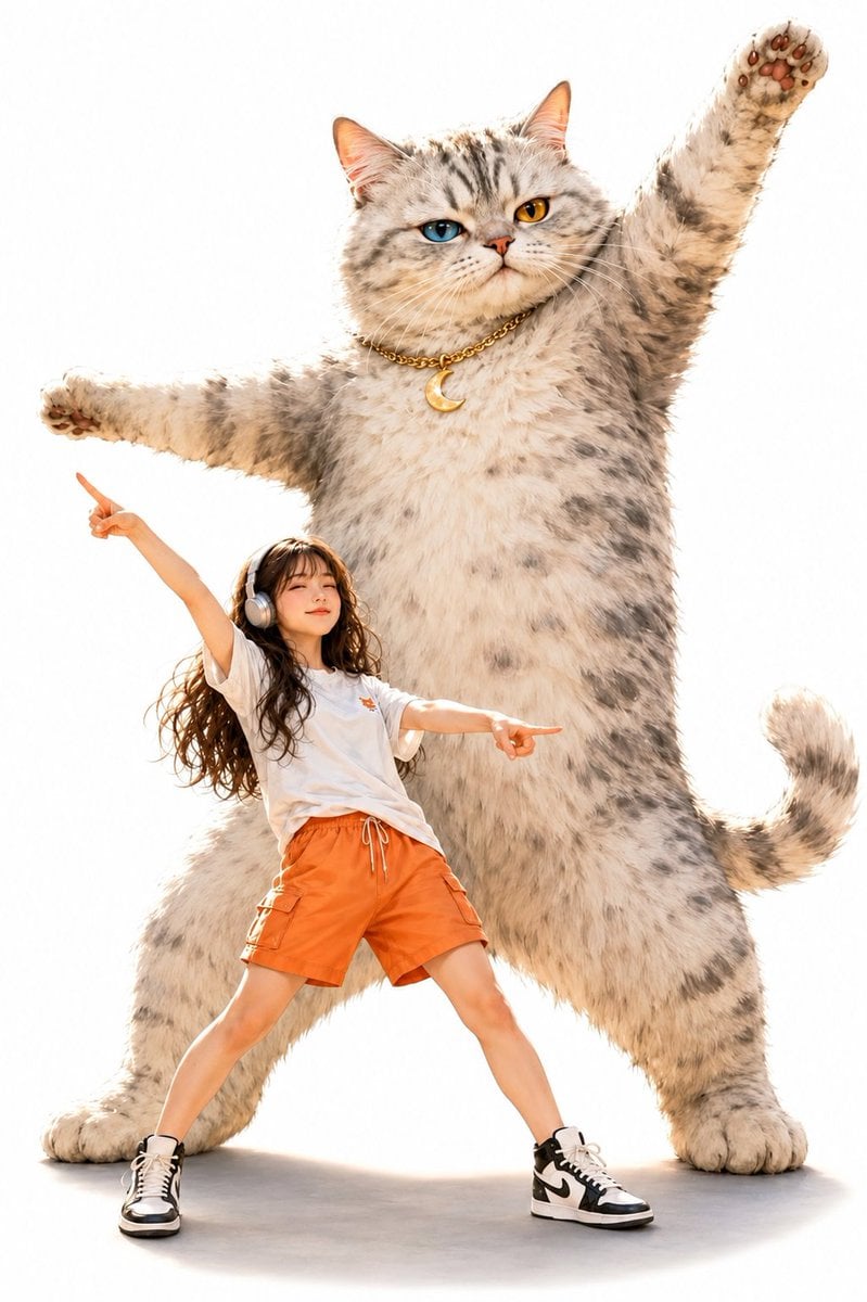 Stylized Duo: Confident Youth and Colossal Cosmic Cat