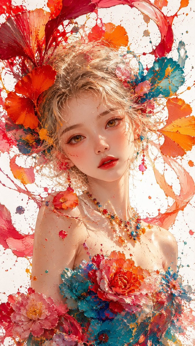 Abstract Impasto Floral Portrait of an East Asian Girl