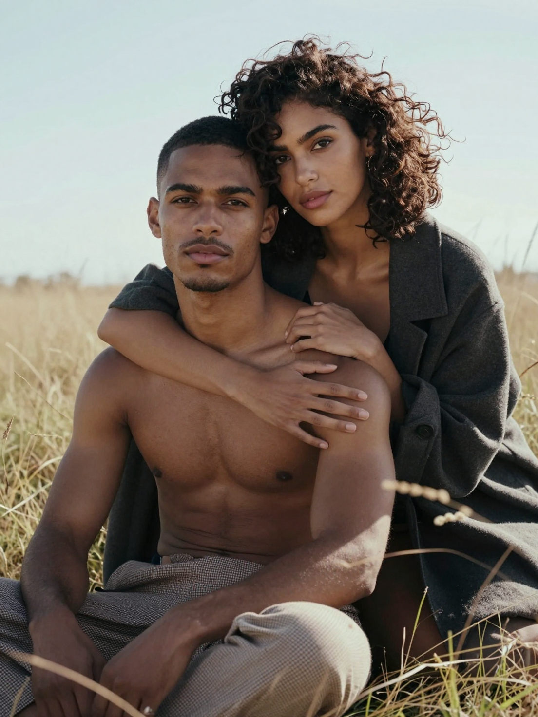 Intimate Couple Embrace in Golden Grassland