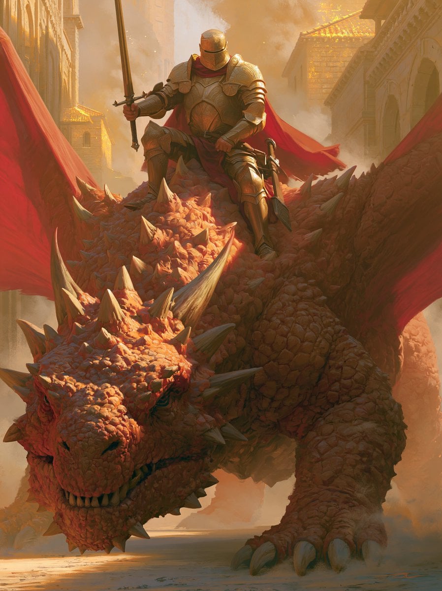 Golden Knight Astride a Crimson Dragon