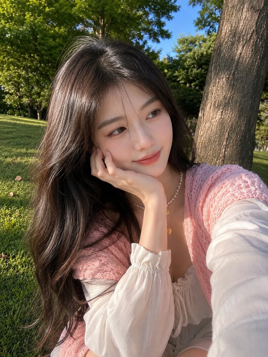 Candid Summer Park Selfie of Young East Asian Woman