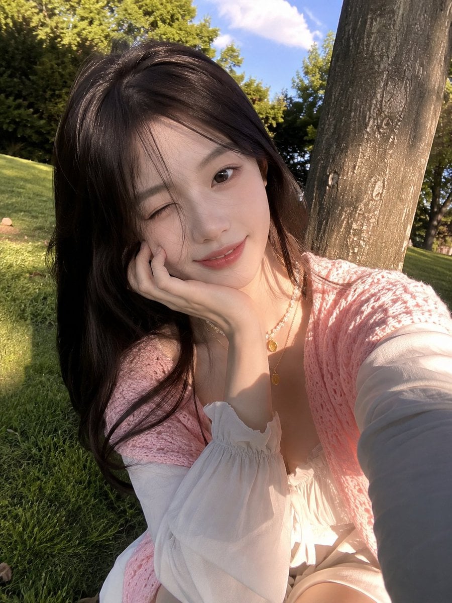 Candid Summer Park Selfie of Young East Asian Woman - alternate
