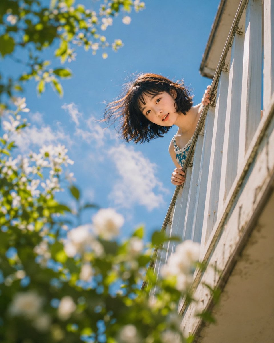 Summer Dream: Woman on Floral Balcony at Golden Hour - alternate