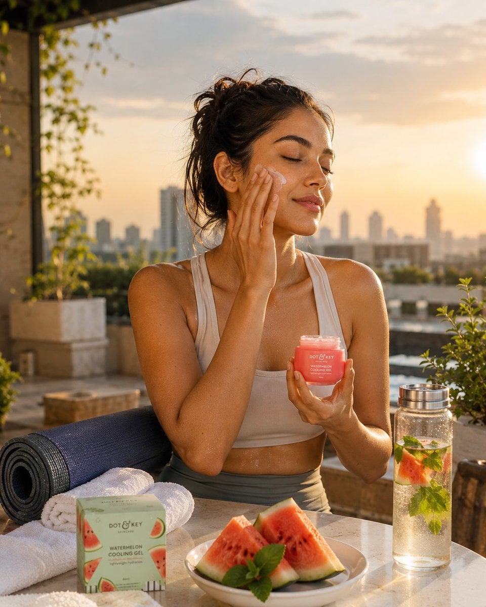 Indian Woman Sunrise Yoga Skincare Moment