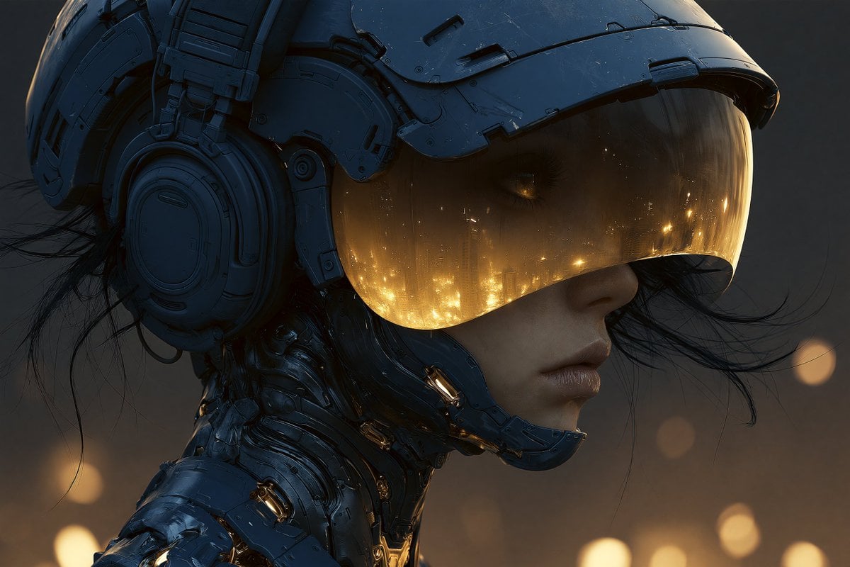 Cybernetic Visage with Golden City Reflection