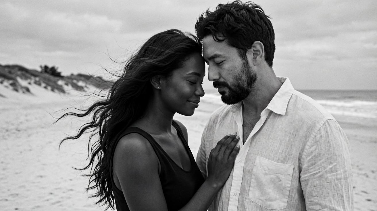 Intimate Windswept Beach Portrait in B&W