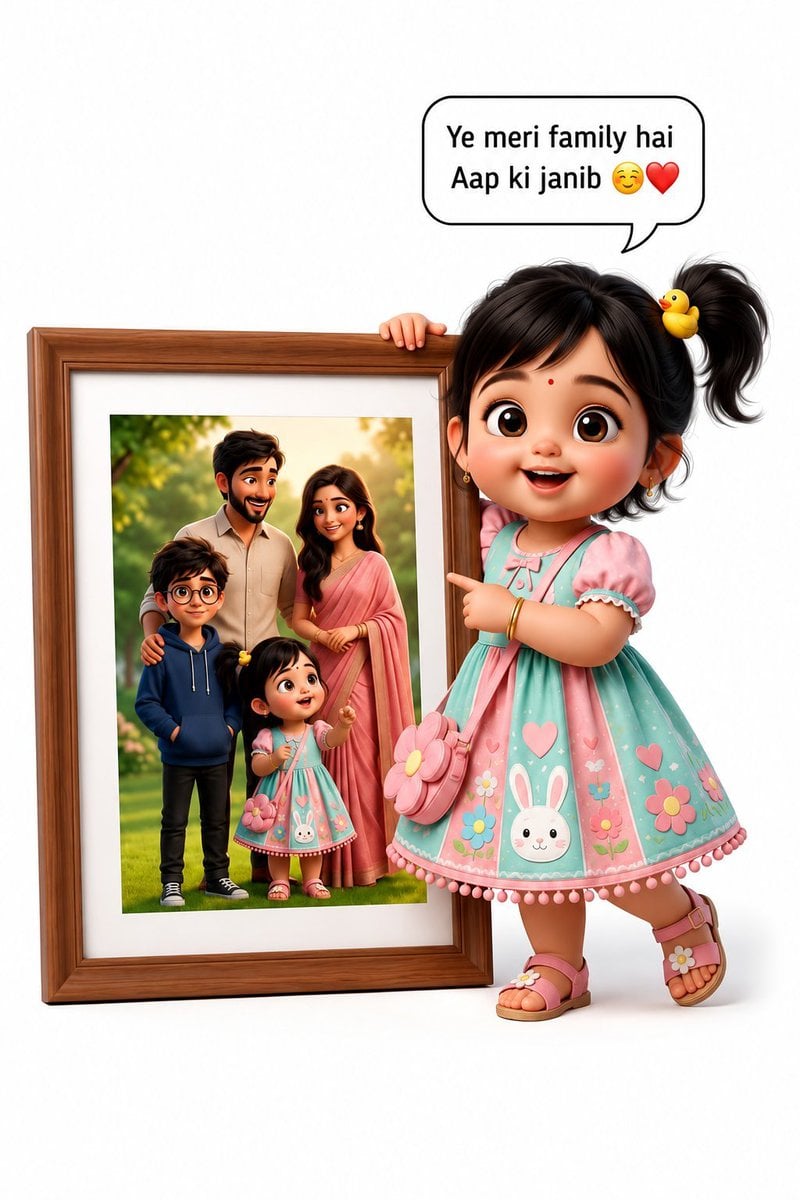 Adorable Girl Presenting Family Portrait 3D