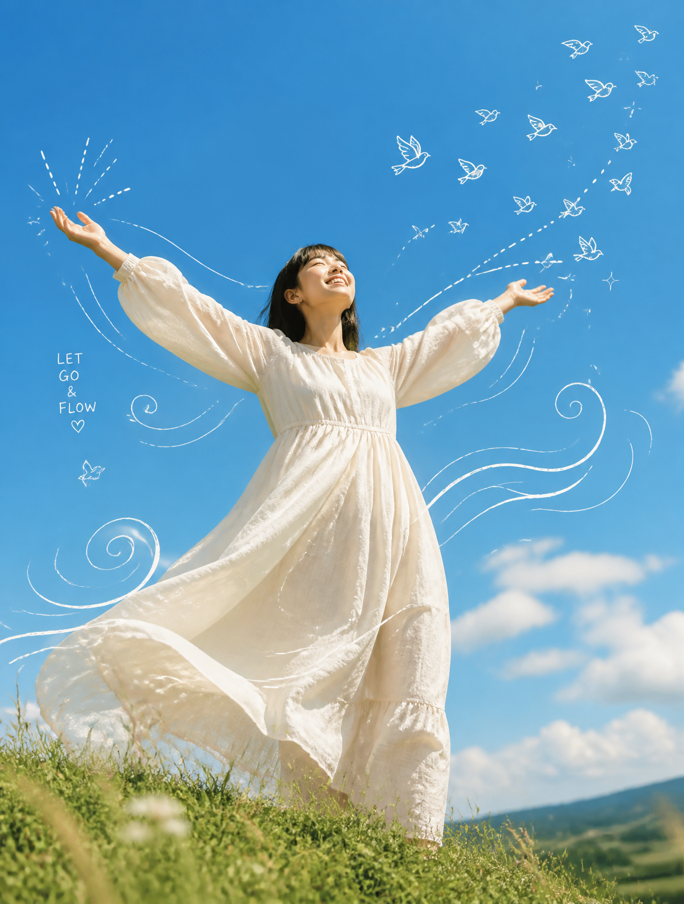 Dreamy Liberation of a Woman on a Hill
