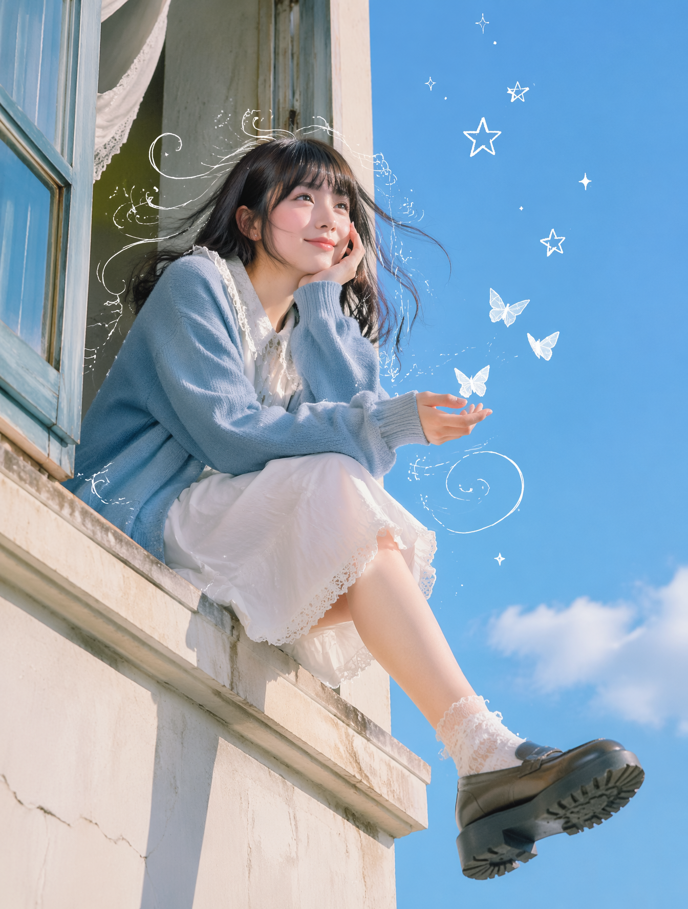 Dreamy Girl with Whimsical Digital Doodles