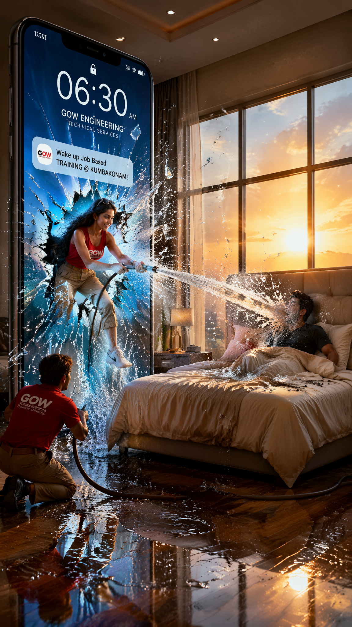 Surreal Awakening: Giant Smartphone Water Blast