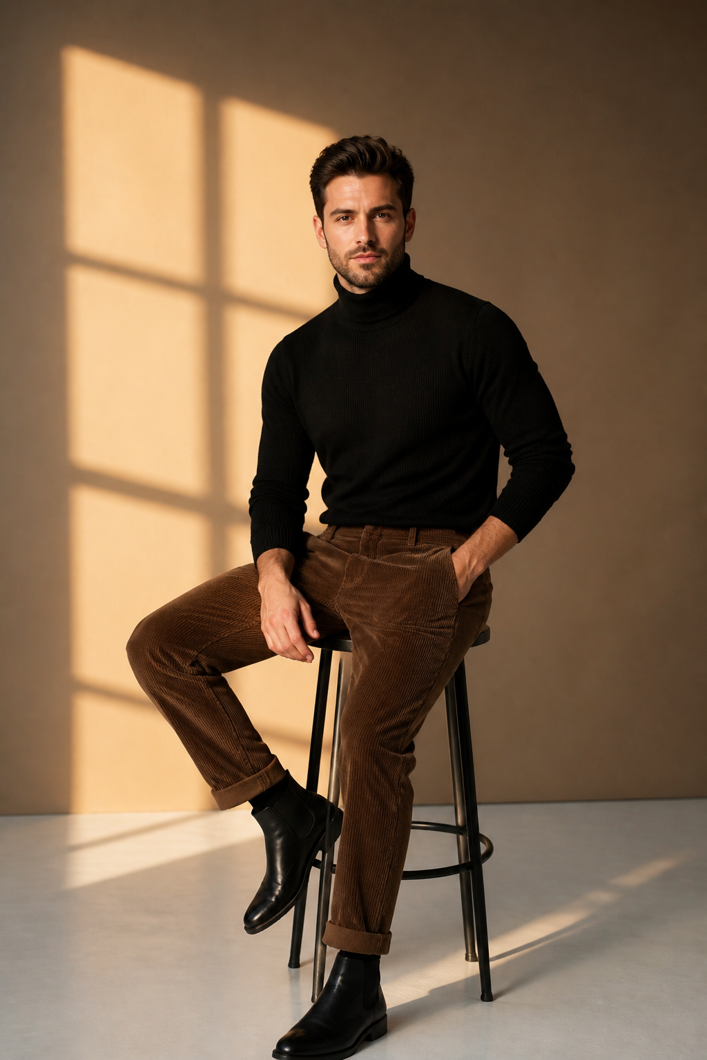 Sophisticated Male Portrait in Golden Hour Studio
