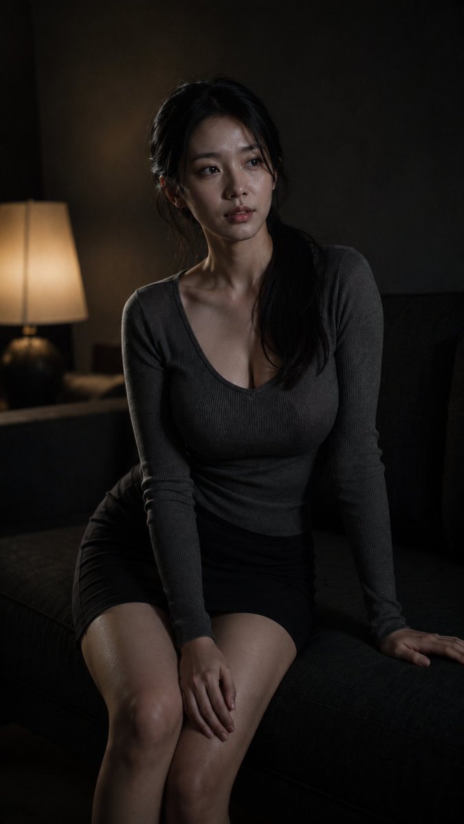 Cinematic Solitude: East Asian Woman in Low-Light Interior