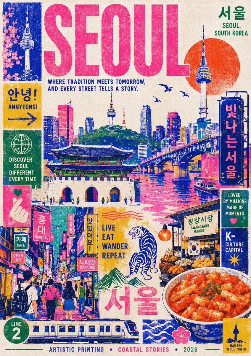 Modern Risograph Coastal City Travel Poster