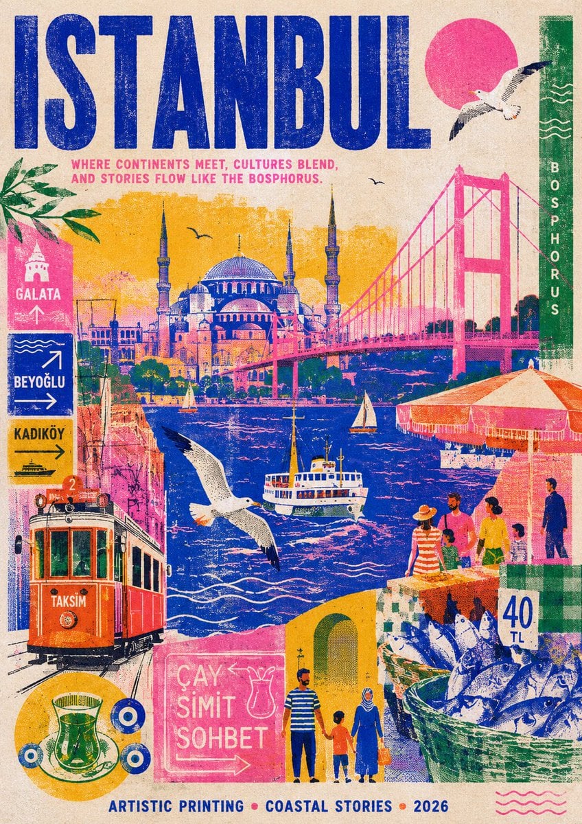 Modern Risograph Coastal City Travel Poster - alternate