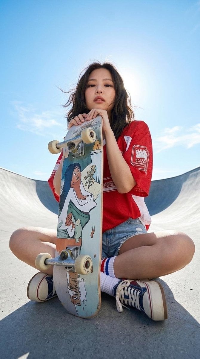 Urban Sporty Edge: Red Jersey & Denim at the Skatepark - alternate