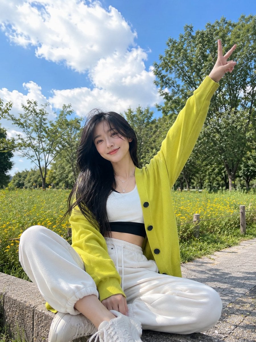 Joyful Young Woman in Neon Cardigan at Spring Park