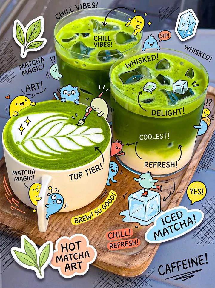 Matcha Trio with Whimsical Digital Doodles
