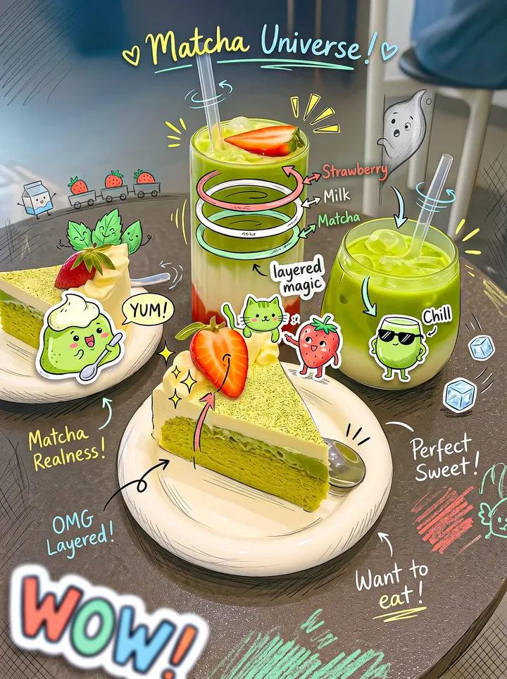 Matcha Trio with Whimsical Digital Doodles - alternate