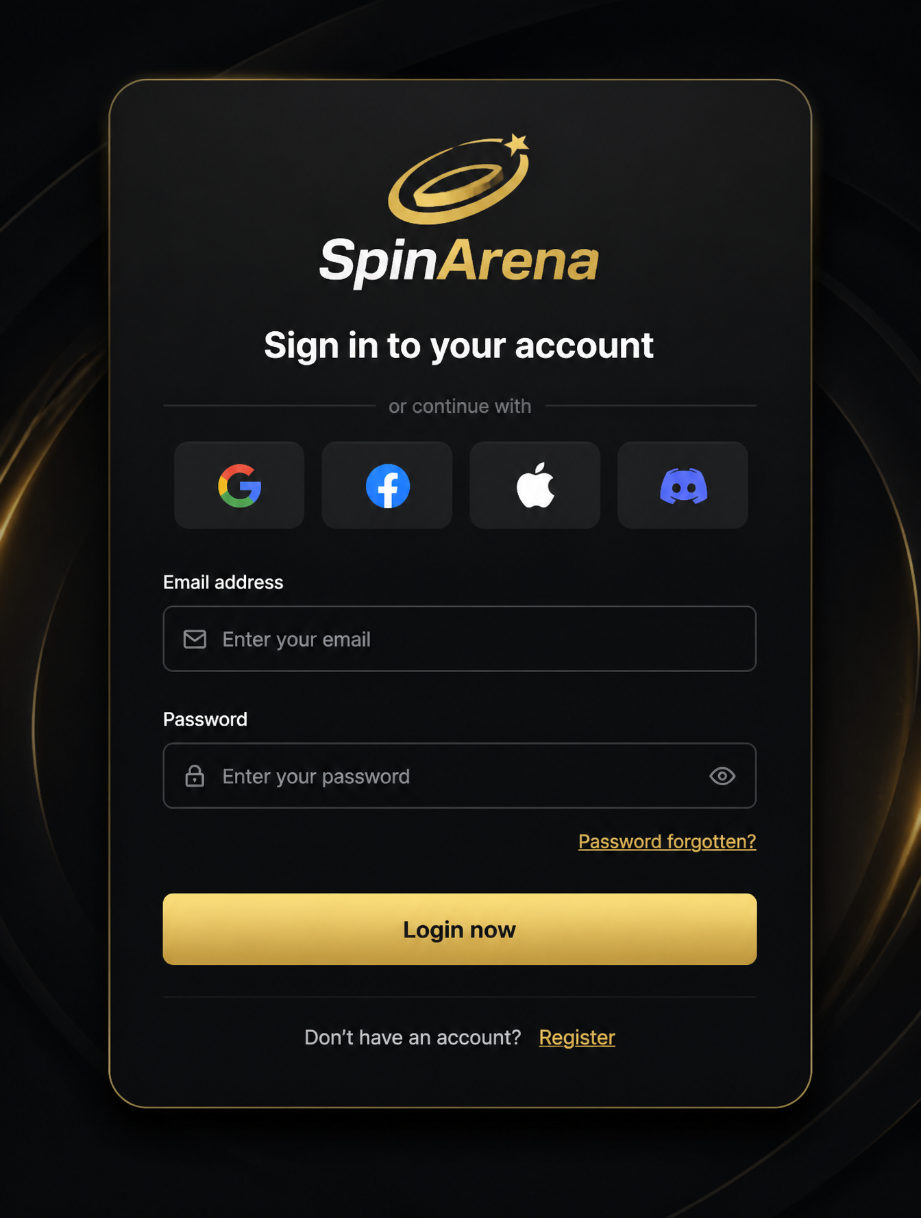 SpinArena Gaming Authentication Interface
